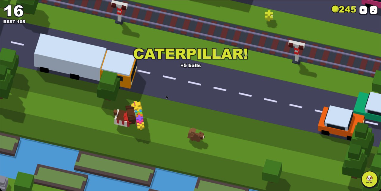 Charlie the cocker spaniel, in a sweater, hopping across a voxel road in Charlie Road